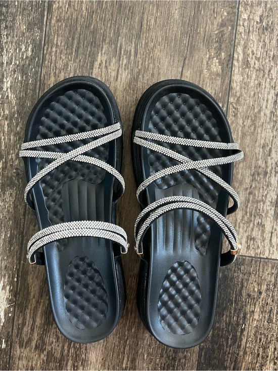 Shoes - Black Sandals with Rhinestone Straps